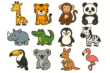 Cute cartoon animals collection: giraffe, tiger, monkey, panda, rhino, crocodile, penguin, zebra, toucan, koala, kangaroo, flamingo