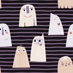 Seamless vector pattern with cute and whimsical ghosts on a striped background.