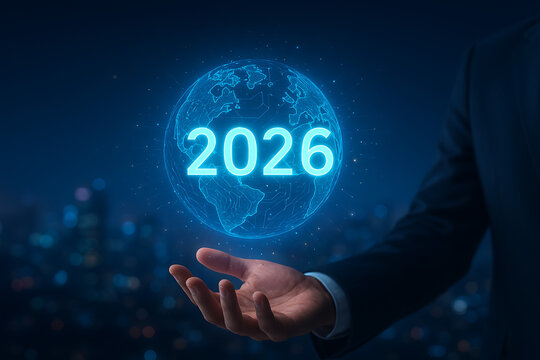 A businessman holds a glowing globe with the number 2026 symbolizing global business, world connectivity, and technological advancement into the new year with success