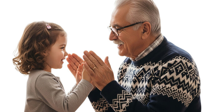 Photo of grandfather and granddaughter playing pattycake isolated on transparent background