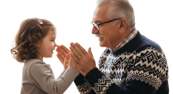 Photo of grandfather and granddaughter playing pattycake isolated on transparent background