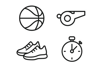 Basketball equipment: ball, whistle, shoes, stopwatch icons