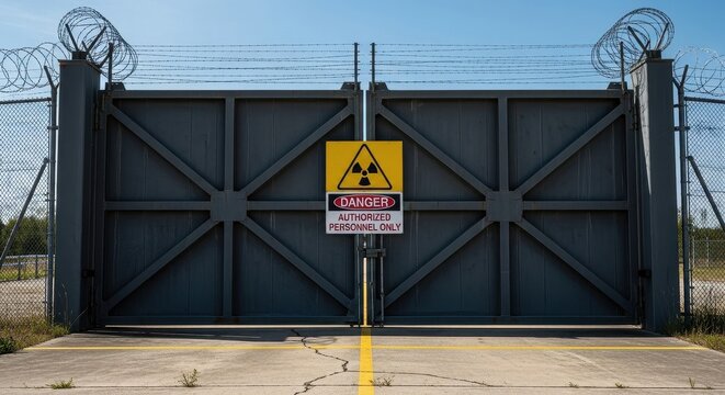 Large metal gate with barb wire and a danger radiation sign, symbolizing nuclear facility security or restricted access area for safety.