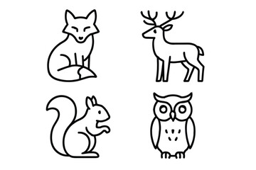 Outline illustrations of fox, deer, squirrel, and owl in minimalist style