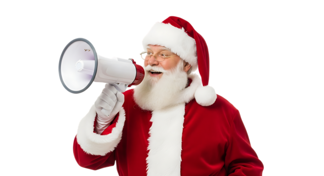 Santa Claus Making an Announcement with a Megaphone, Isolated on White.