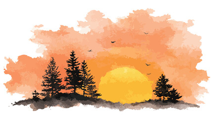 Spectacular Hand-Drawn Golden Sunset Watercolor Illustration