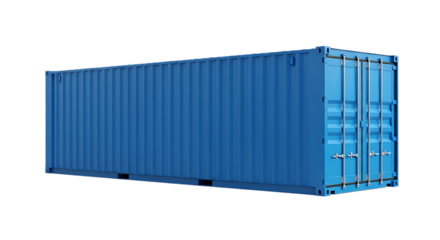 A bright blue shipping container is shown in a studio setting against a white background.