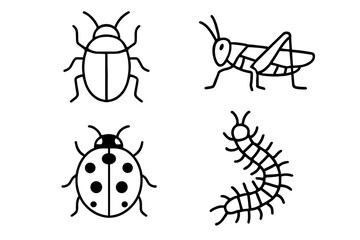 Fototapeta premium Insect outlines: beetle, grasshopper, ladybug, centipede icons in black and white