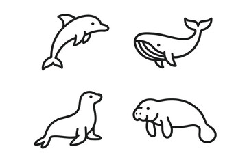 Fototapeta premium Outline illustrations of dolphin, whale, seal, and manatee