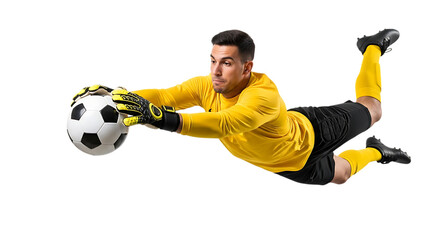 Professional male soccer goalkeeper in yellow uniform making a dynamic diving save to catch a football.