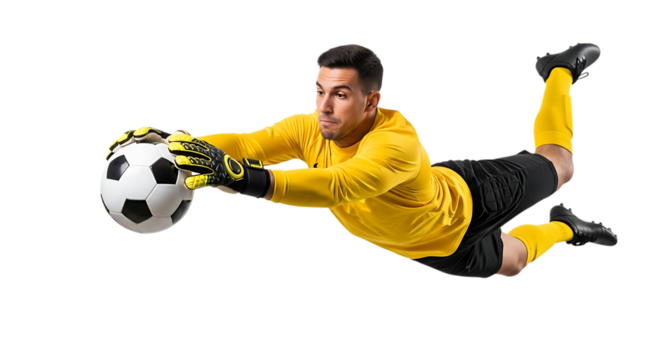Professional male soccer goalkeeper in yellow uniform making a dynamic diving save to catch a football.