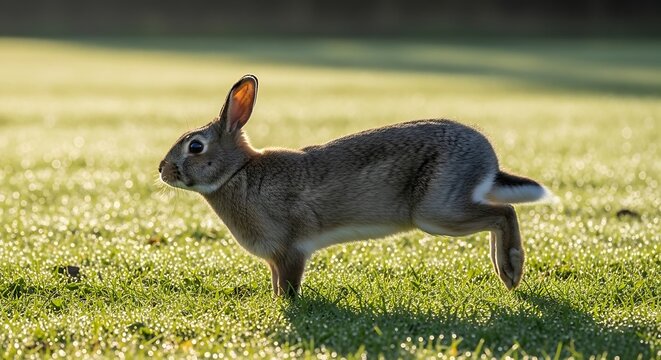 A Small Brown Rabbit Hopping Across a Dew-Covered Grassy Field at Sunrise - Powered by Adobe