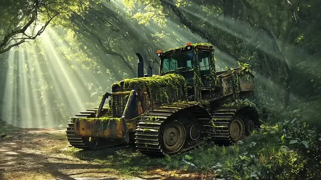Abandoned Moss Covered Bulldozer in a Sunlit Forest.