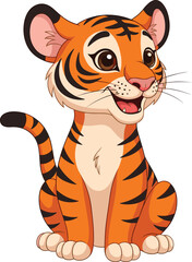 Cartoon baby tiger illustration, sitting pose with curled tail, orange fur and black stripes, vector jungle animal drawing, children’s content, white background