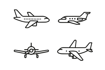 Simple black and white line drawings of four different airplanes
