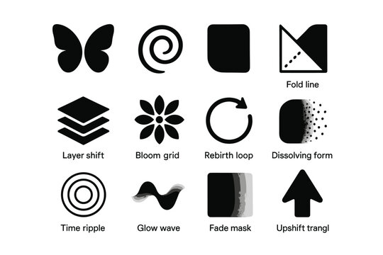 Abstract geometric icons: butterfly, spiral, fold, layers, bloom, rebirth, dissolve, time, glow, fade, upshift