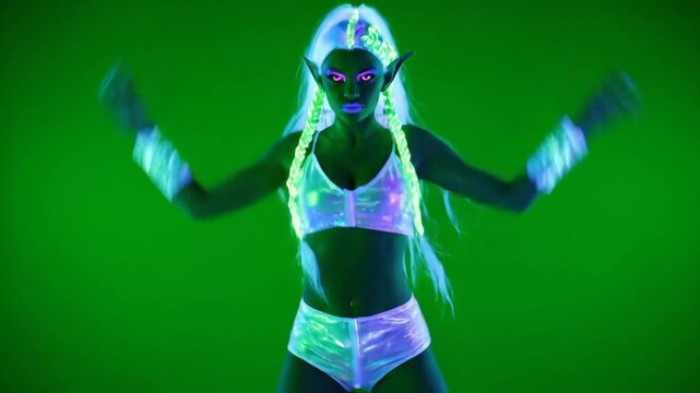 Neon Elf in Rave Costume on Green Background - A female figure with elf ears and glowing neon makeup poses in front of a green backdrop.