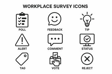 Workplace survey icons set: poll, feedback, tip, alert, comment, status, tag, vote, reject