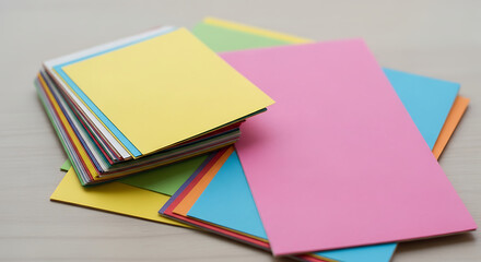 Closeup of a colorful stack of square sticky notes, featuring yellow, pink, green, and blue hues, scattered on a light wooden surface, creating a vibrant and textured composition, perfect for creative