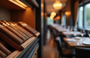 Elegant restaurant interior features humidor with cigars. Tables arranged for dining with ambient lighting creating upscale atmosphere. Sophisticated venue for leisure, social gatherings with premium