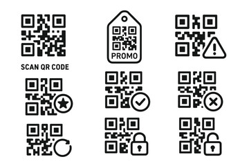 Diverse qr code icons for promotions, security, and notifications