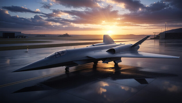 Futuristic Jet Aircraft on Runway at Sunset