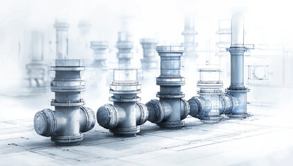 Technical blueprint sketch of industrial pipeline and plumbing showing connections and valves for construction and design work