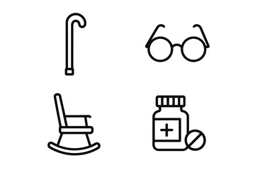 Elderly care symbols: cane, glasses, rocking chair, medicine bottle