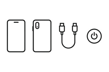 Smartphone outline with case, charging cable, and power button icons