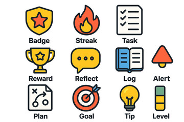 Colorful icon set for achievements and goals: badge, streak, task, reward, reflect, log, alert, plan, goal, tip, level