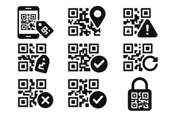 Various qr codes with symbols for mobile, location, and security