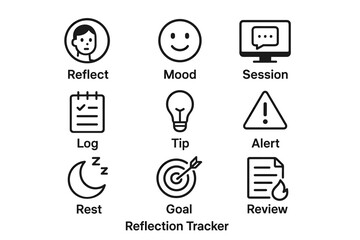 Icon set for reflection and goal tracking with symbols for mood, tips, alerts, and goals