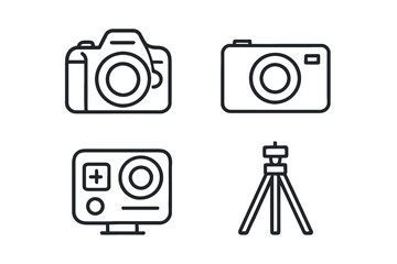 Camera icon set featuring dslr, compact, action cameras, and tripod