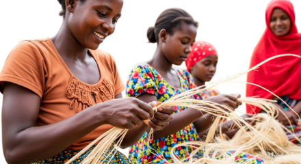 Photo of african women weaving baskets from natural fibers, closeup shot isolated on transparent background