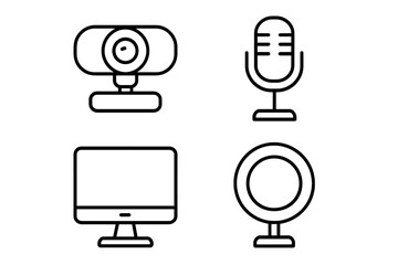 Webcam, microphone, computer, and ring light icon set in black and white