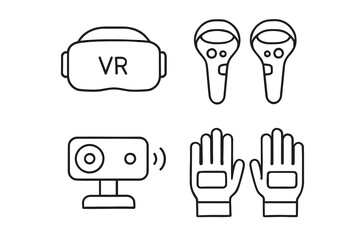 Line art of vr headset, controllers, camera, and haptic gloves