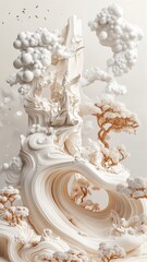 Sculpted Zen Ethereal White Abstract with Bonsai and Clouds