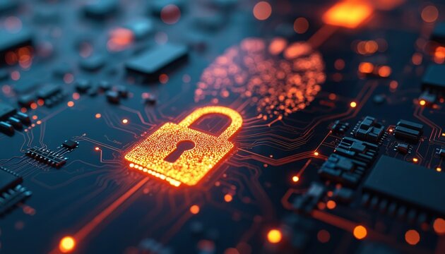 Close up view of a glowing lock symbol on a circuit board. Digital security concept representing data protection online privacy and cyber safety.