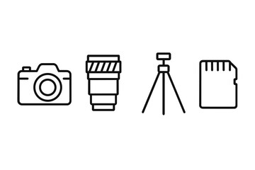 Photography equipment icons: camera, lens, tripod, memory card in line art