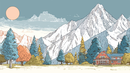 Mountain Retreat Postcard Design with Serene Landscape Views and Cozy Cabin Illustration