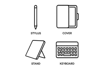 Illustration of tablet accessories: stylus, cover, stand, keyboard