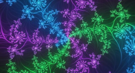 Abstract Fractal Spiral Pattern in Neon Blue, Purple, and Green Gradients on Dark Background