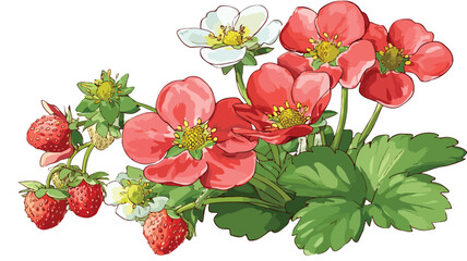 Vibrant Strawberry Blossom on Bush with Straw Vector Illustration