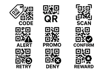 Obraz premium Qr codes for alert, promo, scan, confirm, deny, and reward function icons