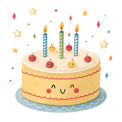 A colorful emoji-style birthday cake with lit candles, decorated with frosting, isolated on a white background
