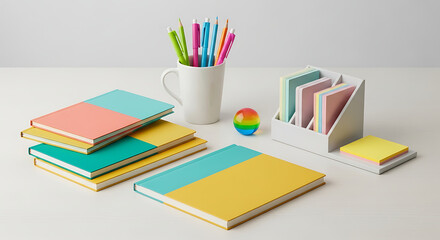 Overhead shot of colorful stationery items arranged on a white surface, including notebooks, pens, sticky notes, and a desk organizer, creating a vibrant and organized workspace aesthetic, isolated on