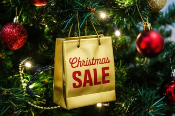 Christmas Sale Shopping Bag: Discover Festive Holiday Deals & Seasonal Promotions on a Decorated Evergreen Tree for Perfect Gifts