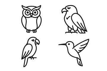 Naklejka premium Outline illustrations of owl, eagle, parrot, and hummingbird in minimalist style