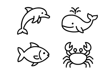 Simple black and white outline illustrations of marine animals: dolphin, whale, fish, crab