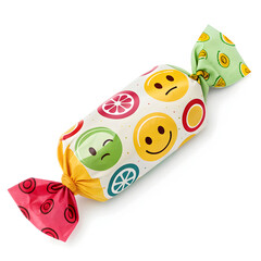 A colorful emoji-style wrapped candy illustration with shiny wrapper ends, isolated on a white background, cute,
